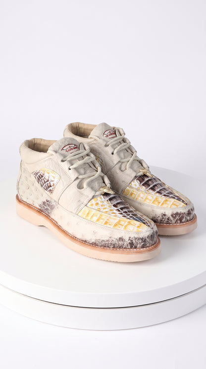 Men’s Los Altos Natural Caiman and Ostrich Skin Casual Sneakers, Exotic Leather Lace Up Shoes