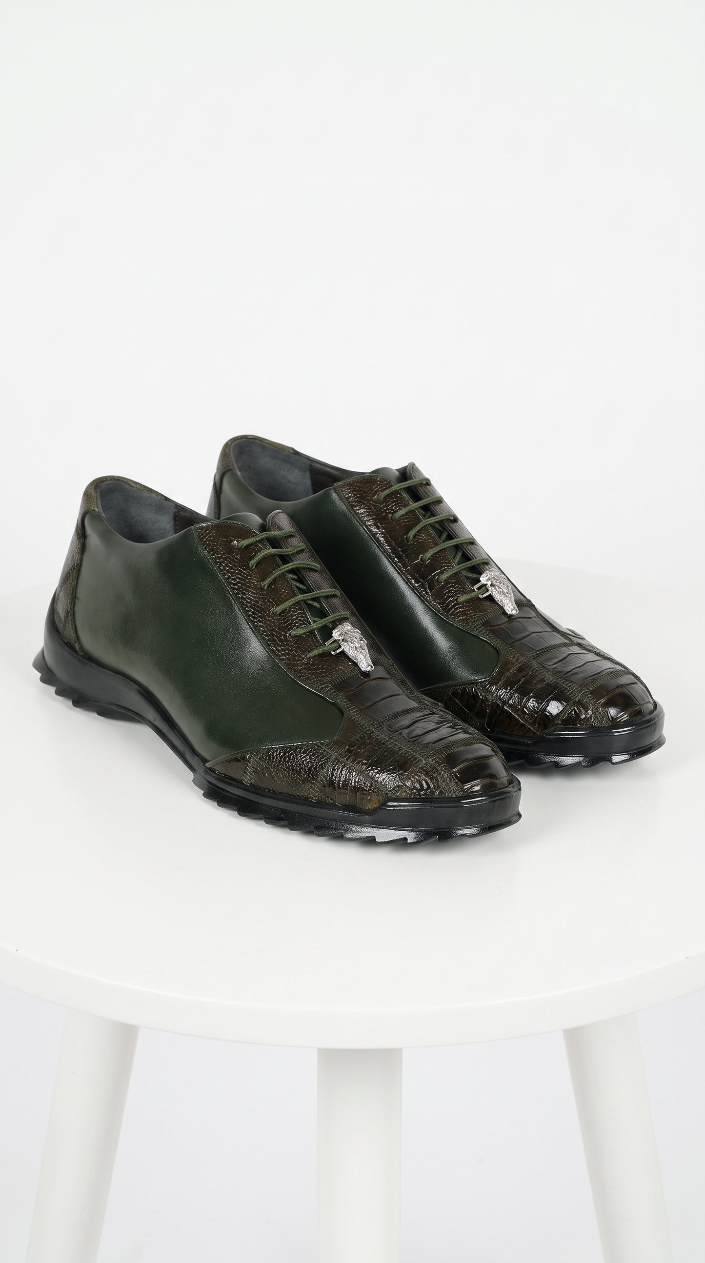 Men’s Los Altos Olive Green Ostrich Leg Sneaker, Exotic Leather Casual Dress Shoe