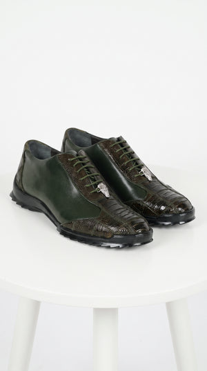 Men’s Los Altos Olive Green Ostrich Leg Sneaker, Exotic Leather Casual Dress Shoe