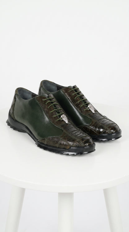 Men’s Los Altos Olive Green Ostrich Leg Sneaker, Exotic Leather Casual Dress Shoe
