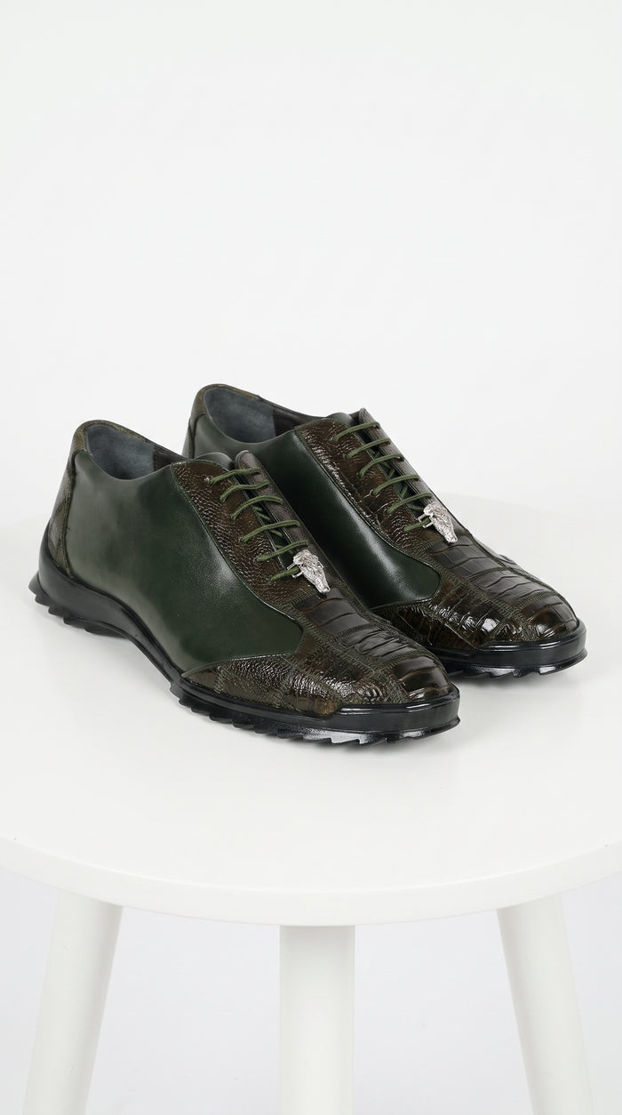 Men’s Los Altos Olive Green Ostrich Leg Sneaker, Exotic Leather Casual Dress Shoe