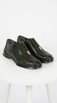 Men’s Los Altos Olive Green Ostrich Leg Sneaker, Exotic Leather Casual Dress Shoe