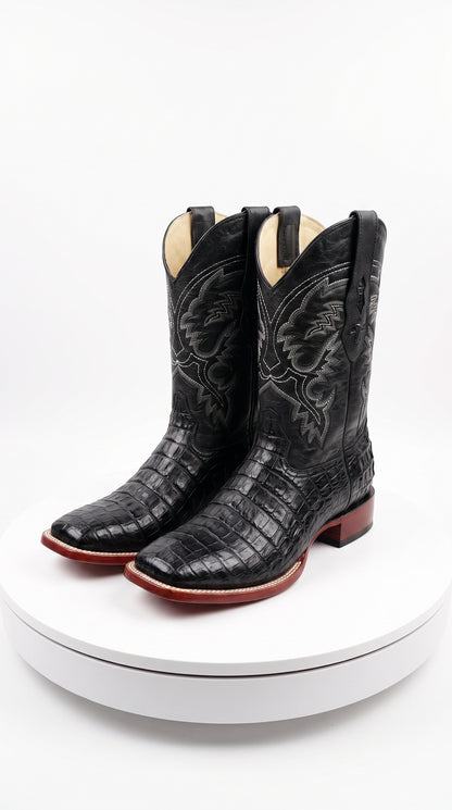 Men’s Black Caiman Square Toe Cowboy Boots, Exotic Western Dress Boots