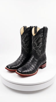 Men’s Black Caiman Square Toe Cowboy Boots, Exotic Western Dress Boots