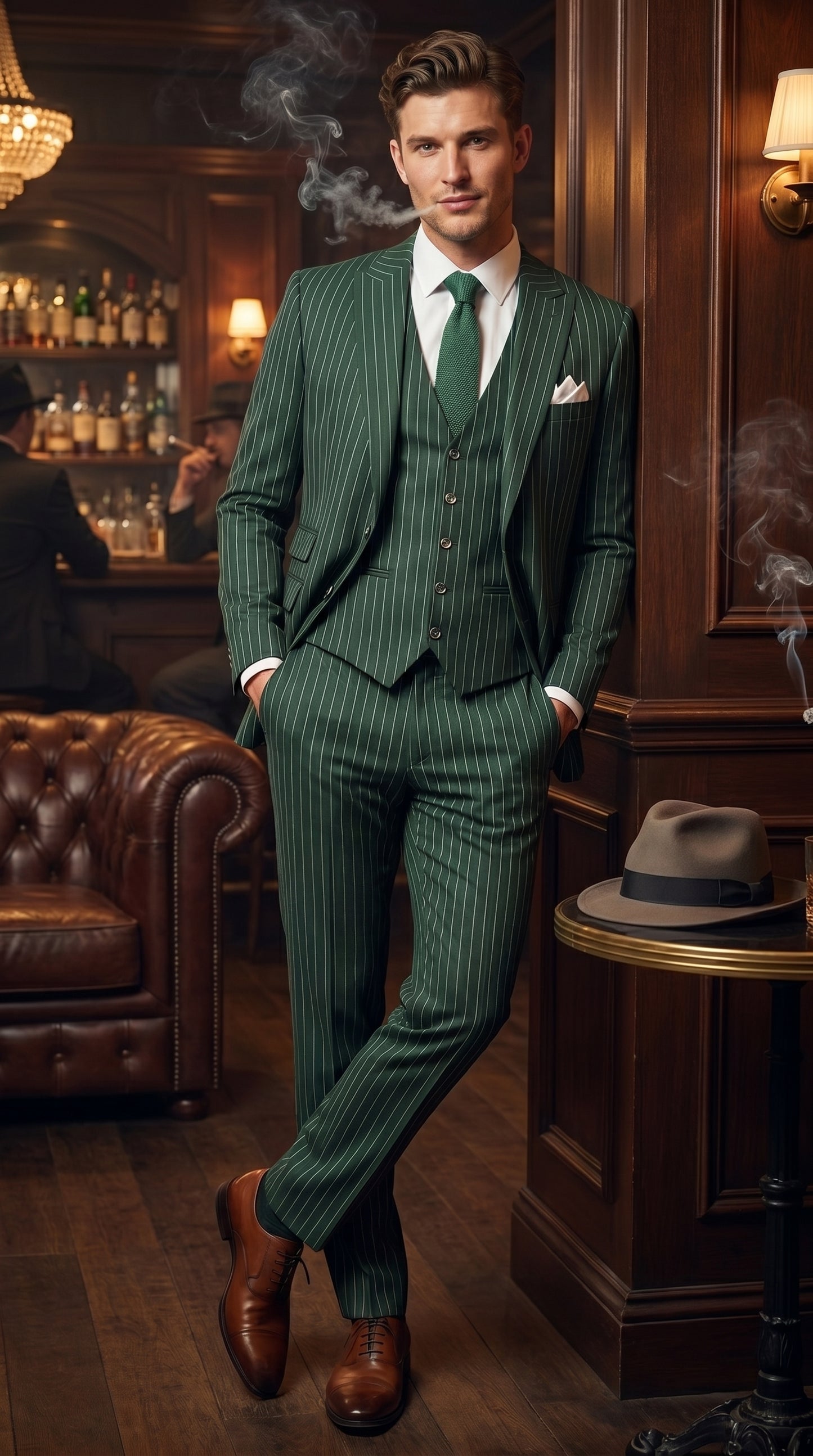 Men’s Hunter Green Great Gatsby Pinstripe 3 Piece Suit, 1920s Gangster Outfit