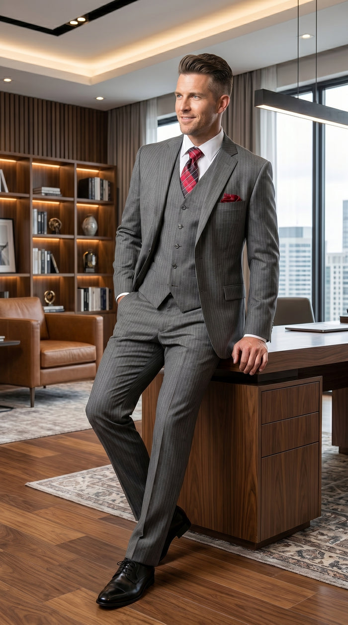 Men’s Medium Grey Classic Vested Pinstripe Suit with Jacket, Vest and Pants, Formal Dress Suit
