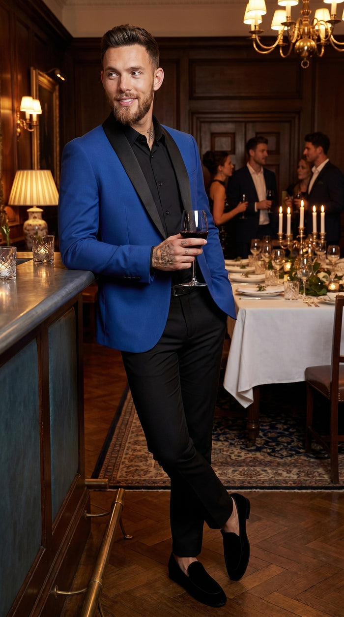 Men’s Blue 1 Button Blazer Jacket with Black Pants, Formal Party Wedding Dress Suit