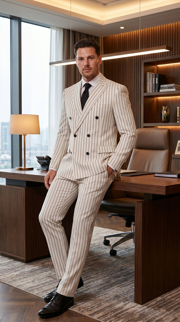 Men’s Off White Double Breasted Pinstripe Suit with Jacket and Pants, Formal Wedding Dress Suit