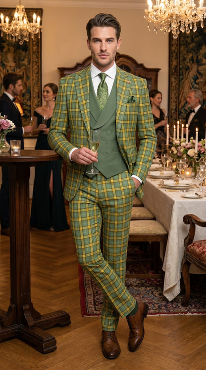 Statement - Men’s Blue and Gold Windowpane Plaid 3 Piece Wool Suit with Double Breasted Vest Modern Fit