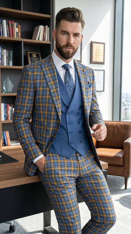 Statement - Men’s Blue and Gold Windowpane Plaid 3 Piece Wool Suit with Double Breasted Vest Modern Fit