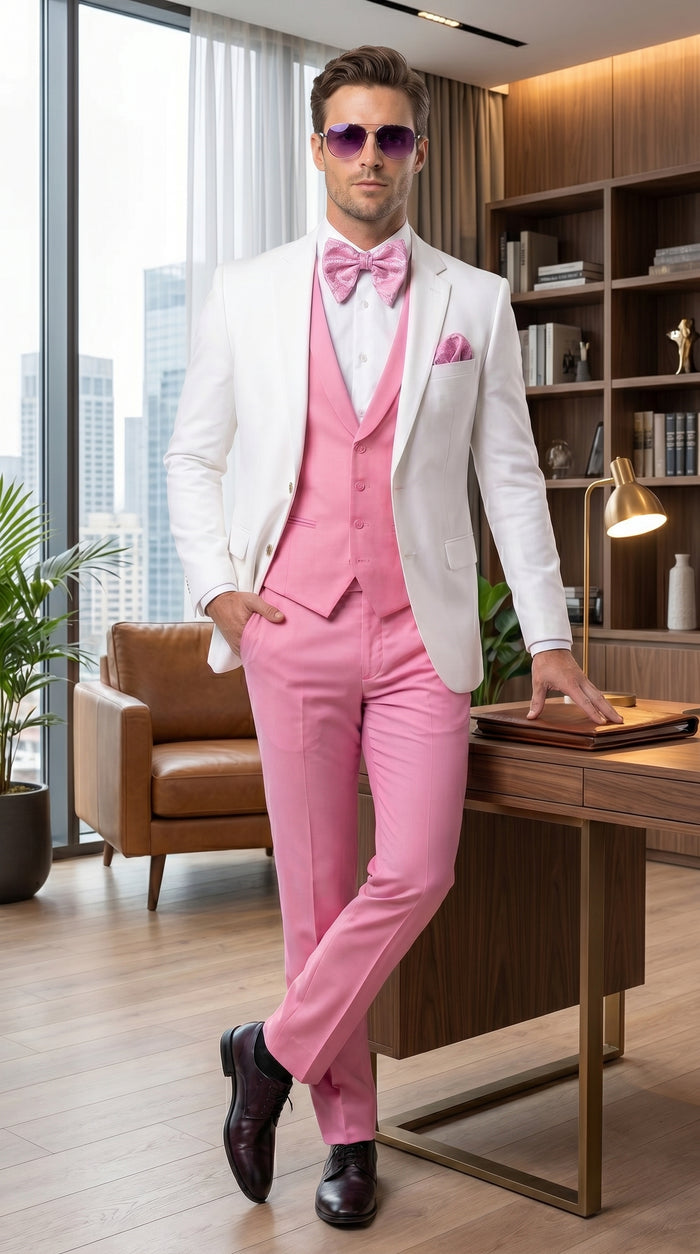 Men’s White and Light Pink Tuxedo Wedding Suit with Dinner Jacket, Vest, Pants and Bow Tie