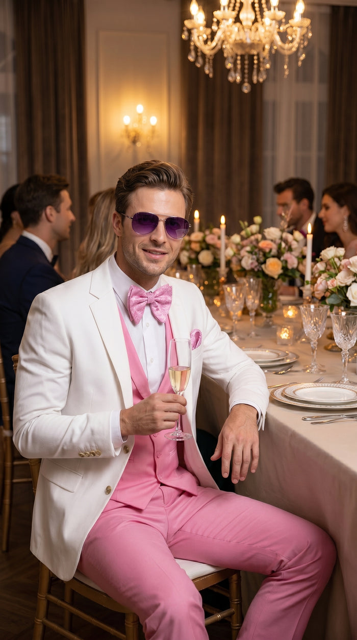 Men’s White and Light Pink Tuxedo Wedding Suit with Dinner Jacket, Vest, Pants and Bow Tie