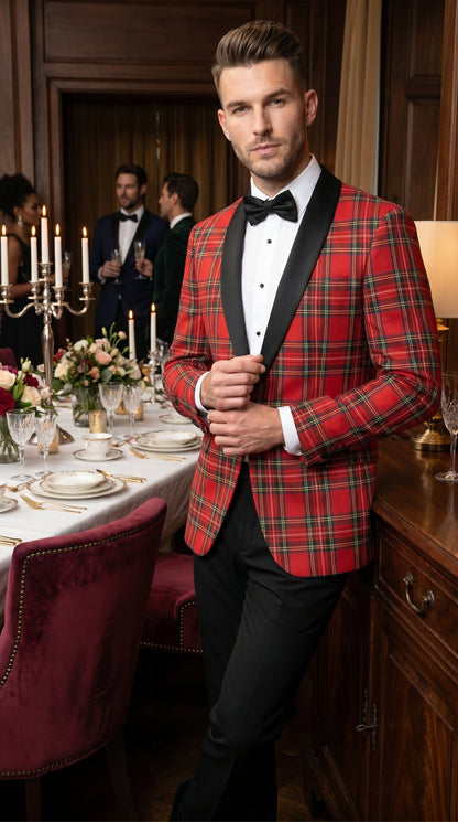 Men’s Red Tartan Plaid Tuxedo Jacket with Black Shawl Lapel, Holiday Christmas Wedding Prom Blazer