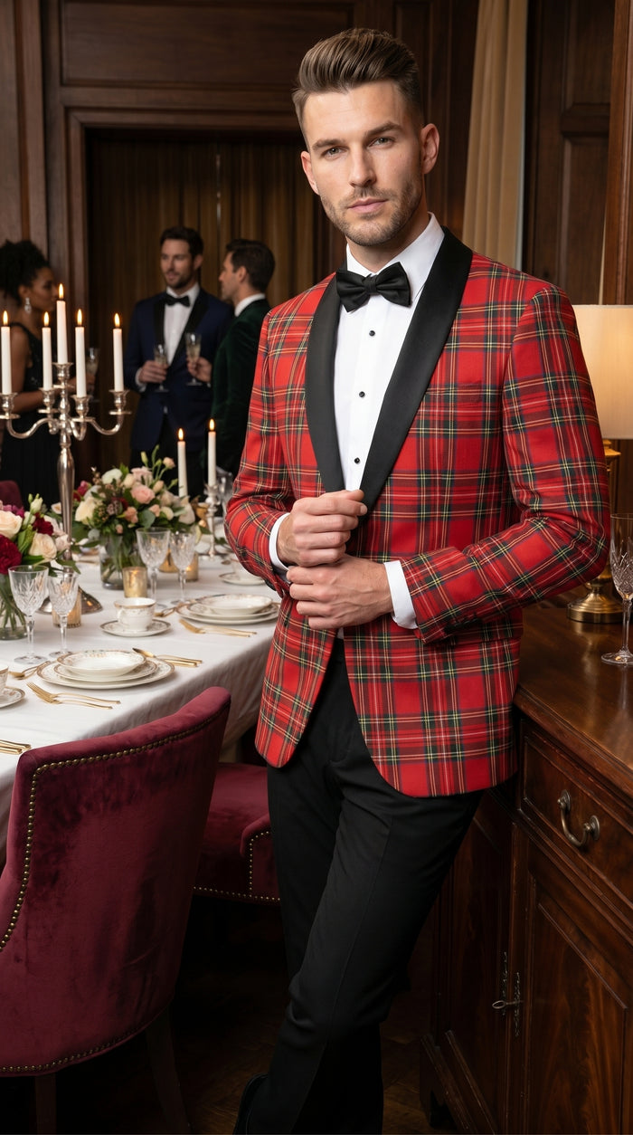 Men’s Red Tartan Plaid Tuxedo Jacket with Black Shawl Lapel, Holiday Christmas Wedding Prom Blazer