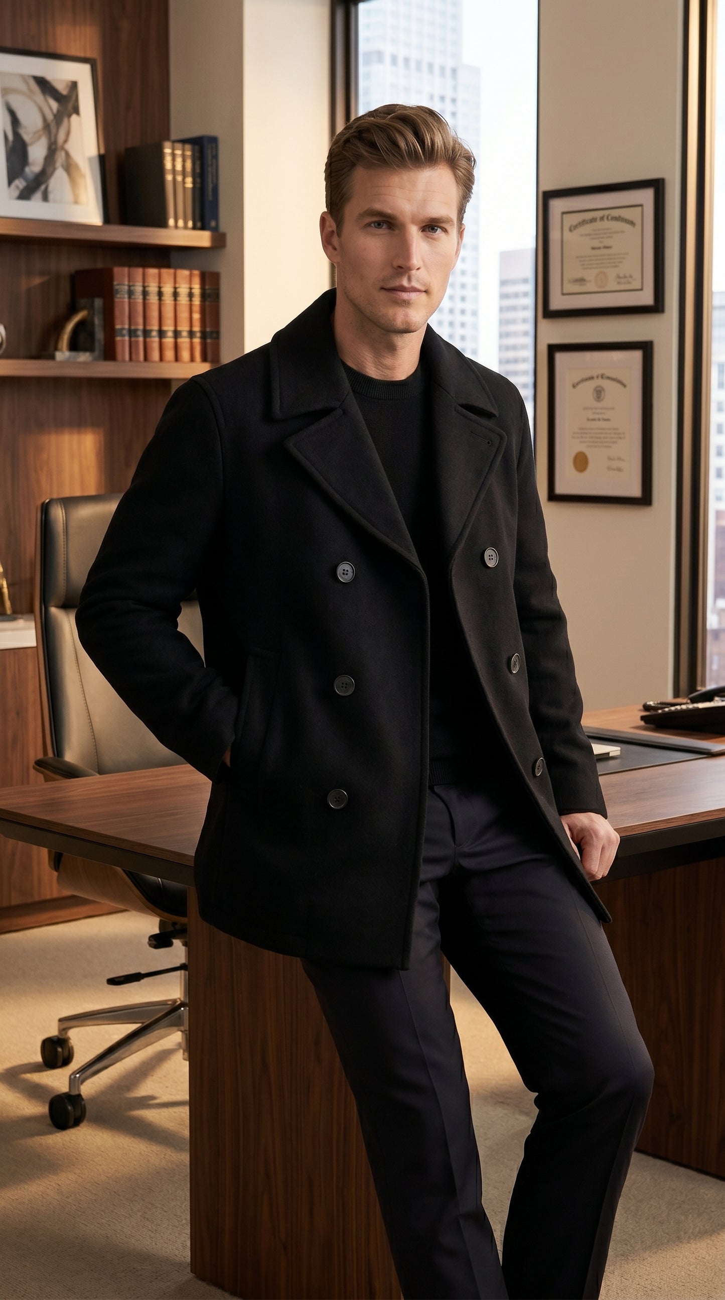 Men’s Black Big and Tall Wool Peacoat with Three Button Double Breasted Closure