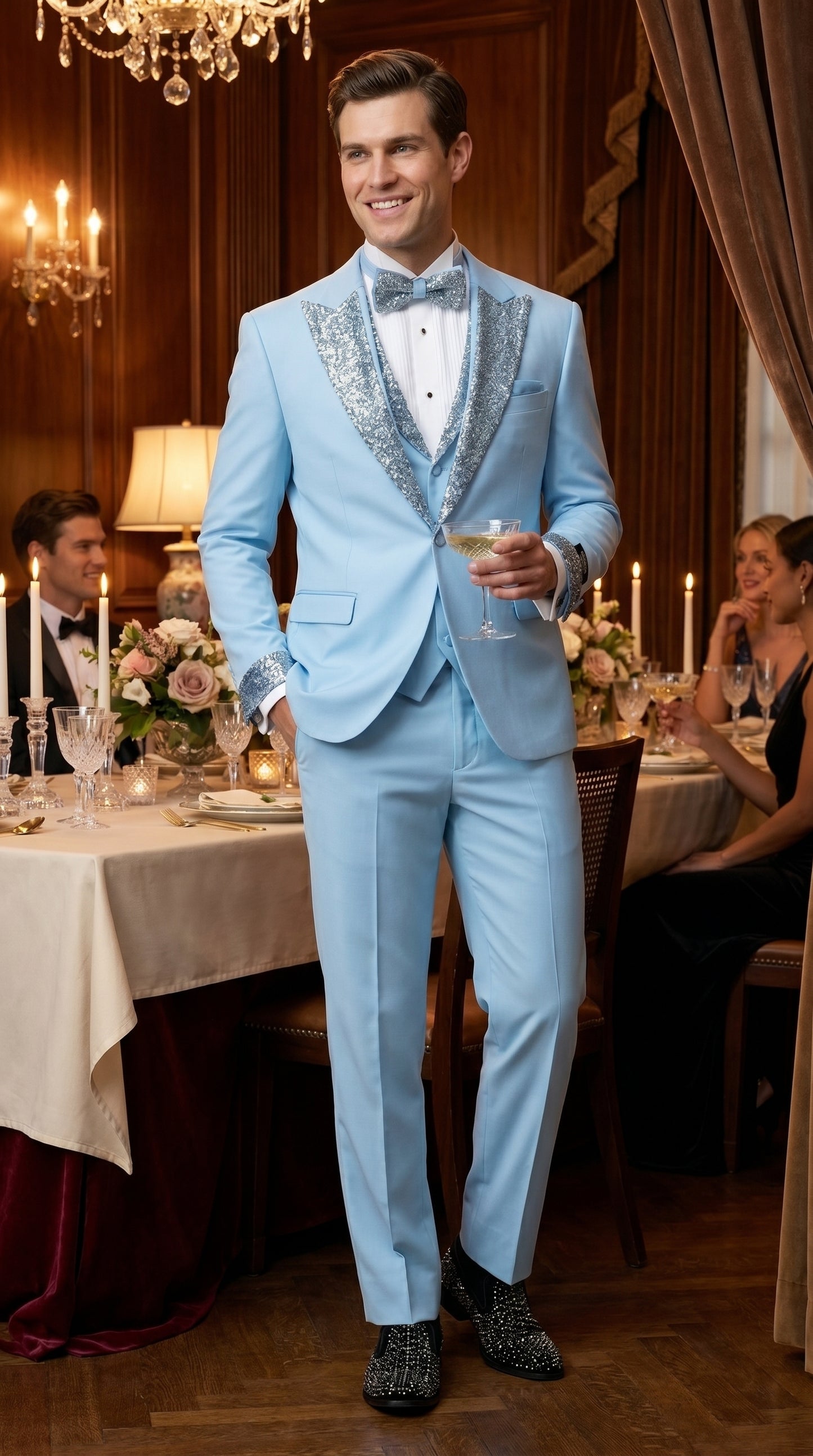 Men’s Baby Blue Prom Tuxedo with Vested Suit, Rhinestone Sequin Lapel and Matching Pants