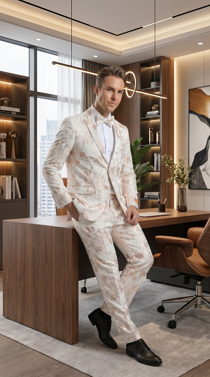 Men’s Gold and White Prom Suit with Floral Pattern Jacket, Matching Pants and Bow Tie Modern Fit