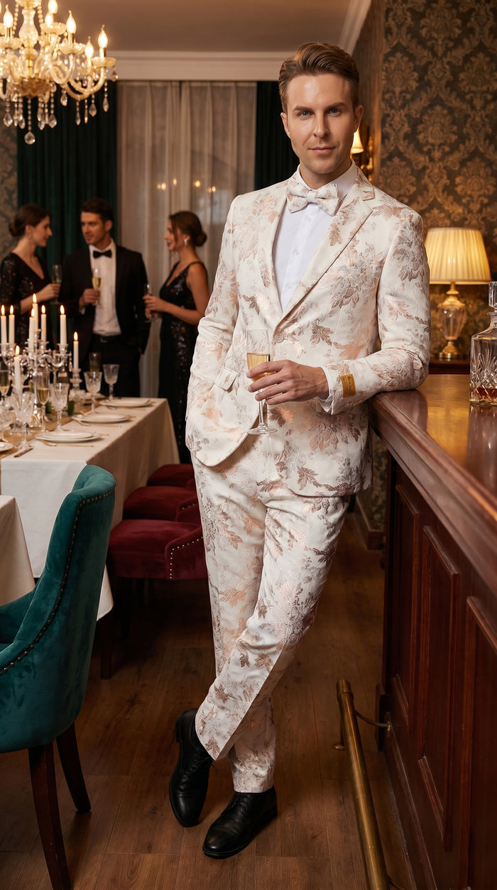 Men’s Gold and White Prom Suit with Floral Pattern Jacket, Matching Pants and Bow Tie Modern Fit