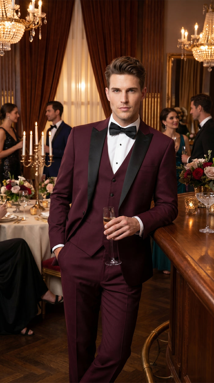 Men’s Burgundy Vested Wedding Tuxedo, One Button Jacket with Black Peak Lapel and Matching Pants