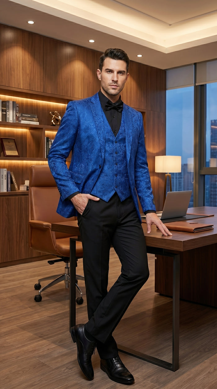 Men’s Royal Blue Indigo Paisley Prom Tuxedo Suit with Floral Jacket, Vest and Pants