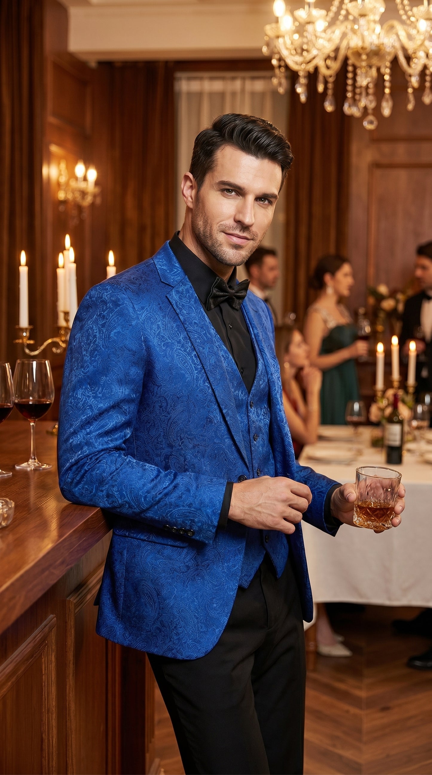 Men’s Royal Blue Indigo Paisley Prom Tuxedo Suit with Floral Jacket, Vest and Pants