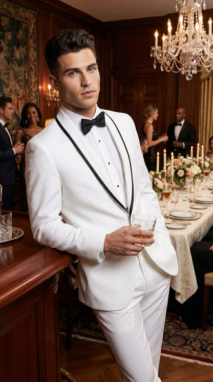 Men’s Waverly White 1 Button Shawl Tuxedo Jacket with Black Trim, Ike Evening Formal Blazer
