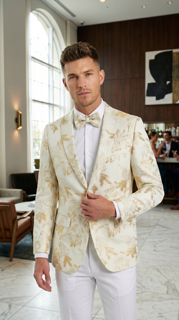 Men’s Off White and Gold Floral Paisley Tuxedo Blazer, Big and Tall Sparkling Formal Sport Coat