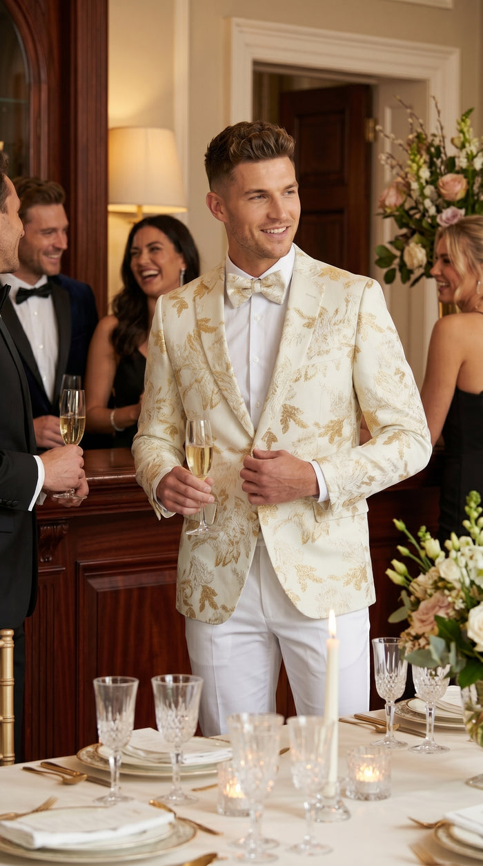 Men’s Off White and Gold Floral Paisley Tuxedo Blazer, Big and Tall Sparkling Formal Sport Coat