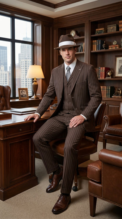 Men’s Brown Pinstripe Zoot Suit with 3 Button Jacket, Vest and Wide Leg Pants, 1920s Gangster Suit