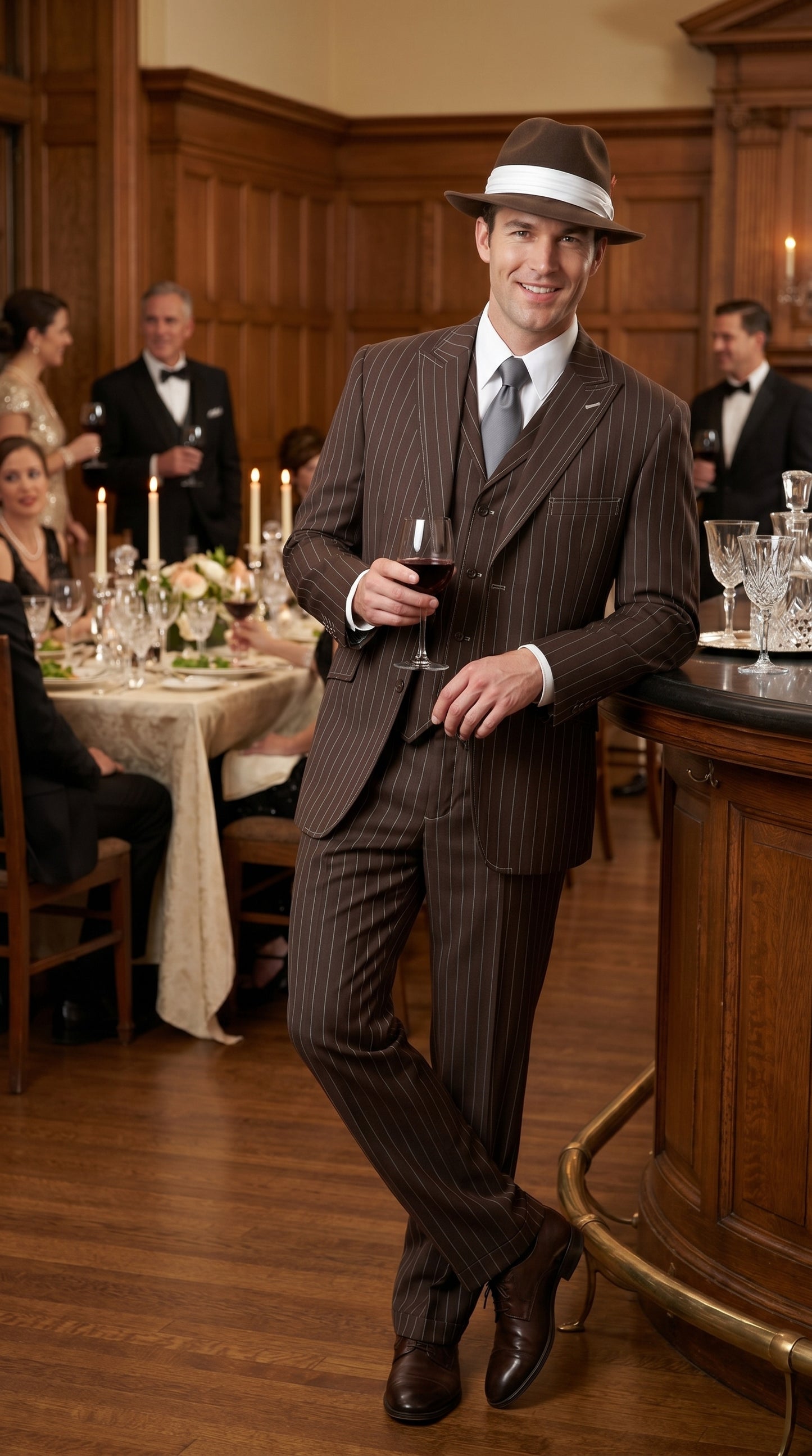 Men’s Brown Pinstripe Zoot Suit with 3 Button Jacket, Vest and Wide Leg Pants, 1920s Gangster Suit