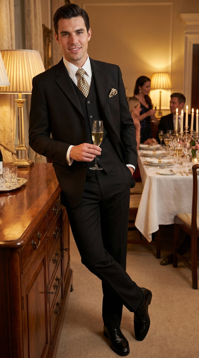Men’s Black Three Button Poplin Suit with Classic Jacket and Pleated Pants, Formal Dress Suit