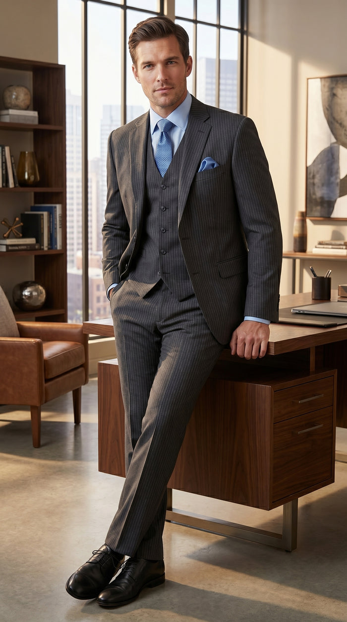 Men’s Charcoal Gray Pinstripe 3 Piece Vested Suit with 2 or 3 Button Jacket, Formal Dress Suit