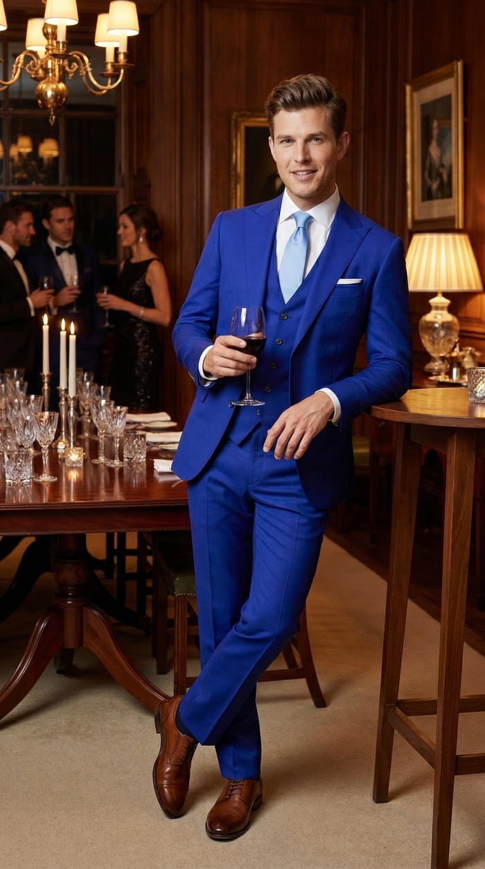 Men’s Electric Royal Blue Suit with Two Flap Front Pockets, Formal Wedding Prom Dress Suit