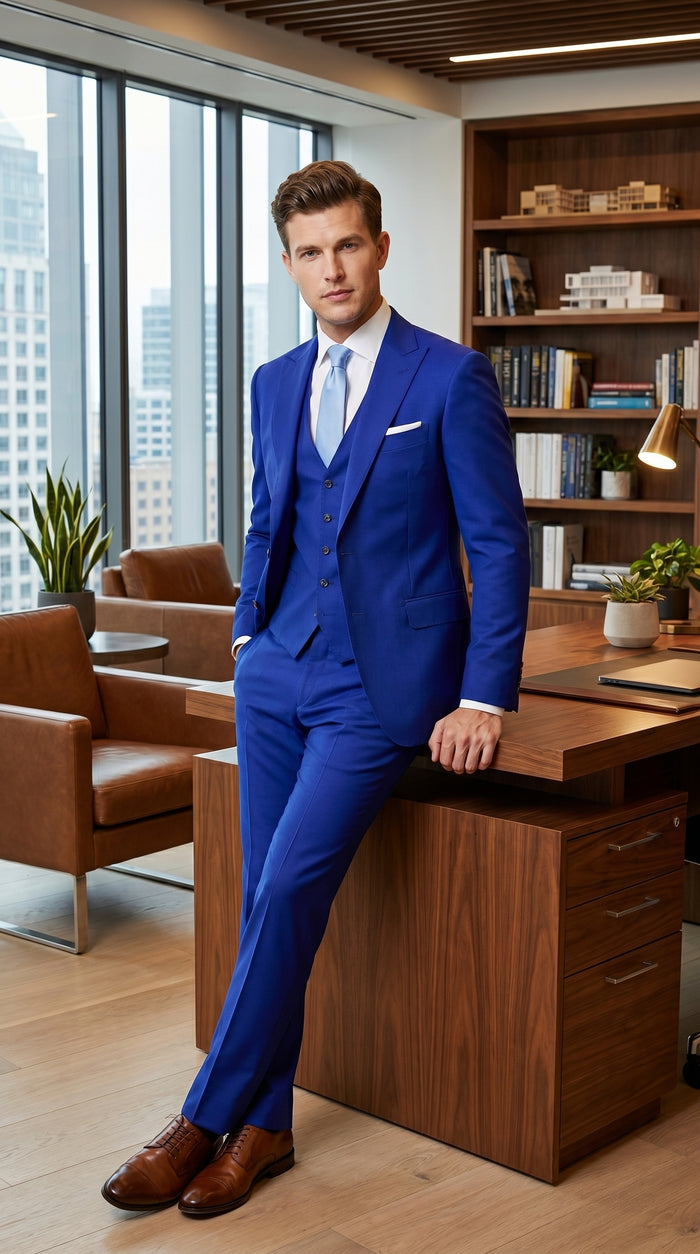 Men’s Electric Royal Blue Suit with Two Flap Front Pockets, Formal Wedding Prom Dress Suit