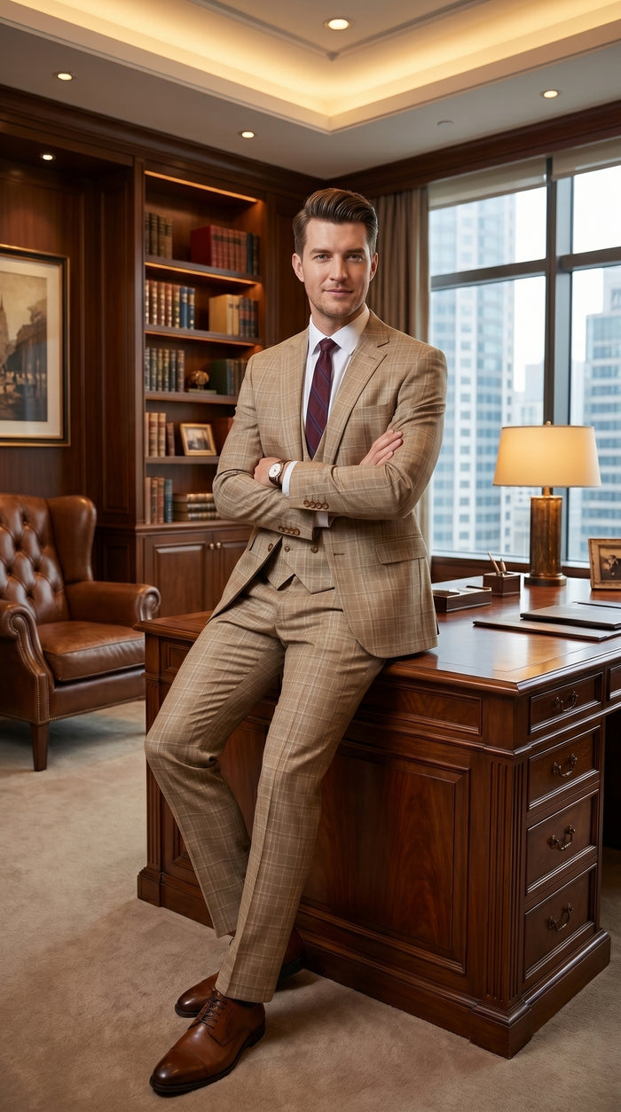 Men’s Camel Plaid Windowpane Vested Suit with 2 Button Jacket, Peak Lapel and Matching Pants Modern Fit