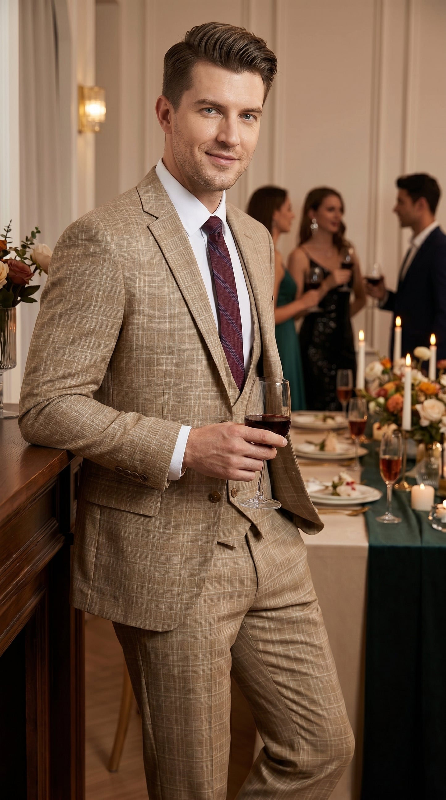 Men’s Camel Plaid Windowpane Vested Suit with 2 Button Jacket, Peak Lapel and Matching Pants
