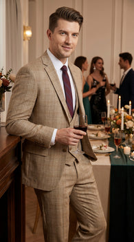 Men’s Camel Plaid Windowpane Vested Suit with 2 Button Jacket, Peak Lapel and Matching Pants