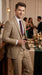 Men’s Camel Plaid Windowpane Vested Suit with 2 Button Jacket, Peak Lapel and Matching Pants