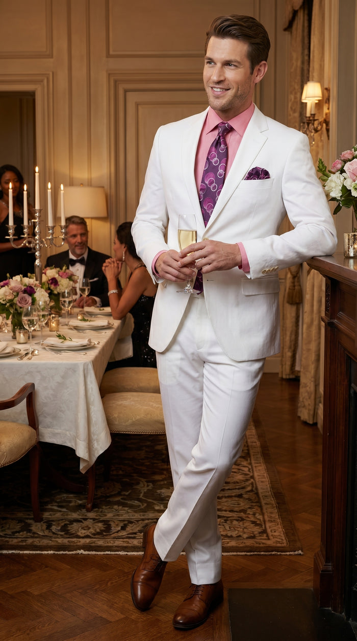 Men’s White Linen 2 Piece Suit with Two Button Jacket, Side Vents and Matching Pants