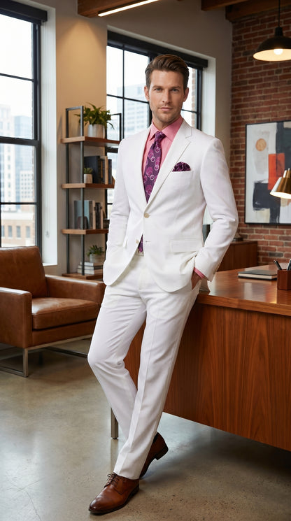 Men’s White Linen 2 Piece Suit with Two Button Jacket, Side Vents and Matching Pants