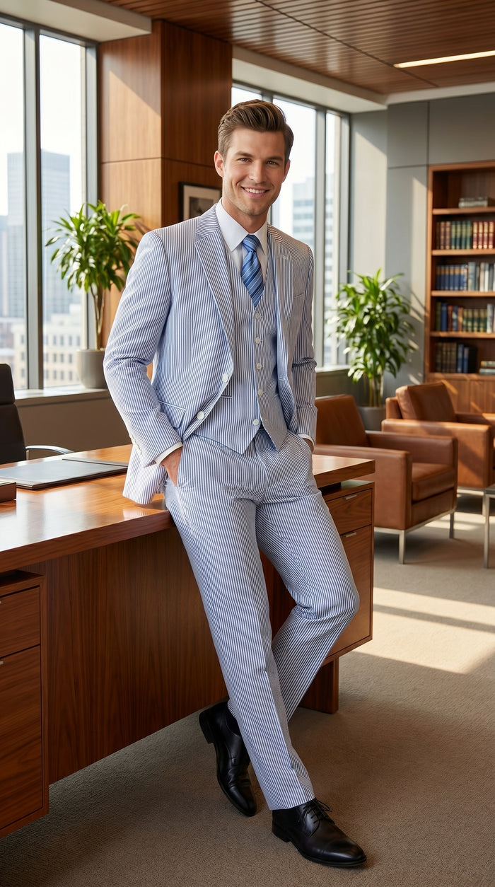 Men’s Light Blue Seersucker Suit with Jacket, Vest and Pants, High Quality Summer Dress Suit