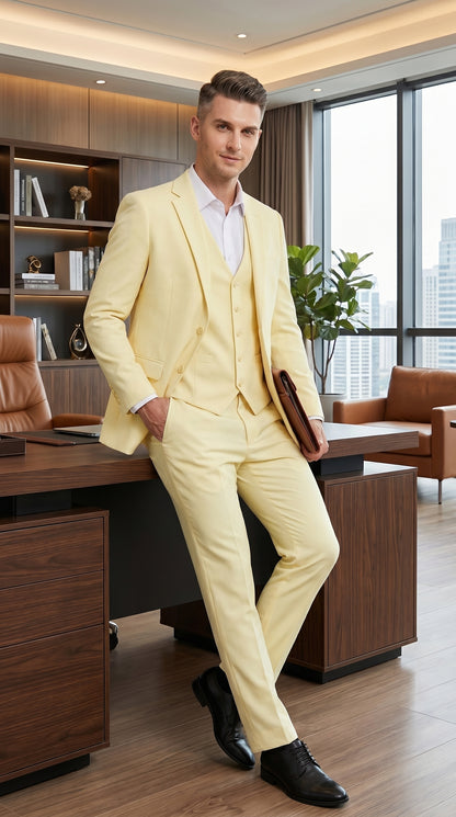Men’s Yellow Seersucker Suit with Jacket, Vest and Pants, Summer Wedding Prom Dress Suit Modern Fit