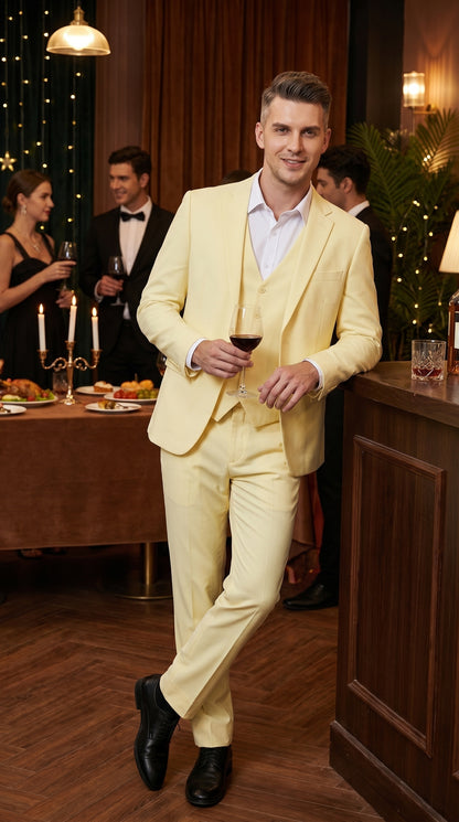 Men’s Yellow Seersucker Suit with Jacket, Vest and Pants, Summer Wedding Prom Dress Suit Modern Fit