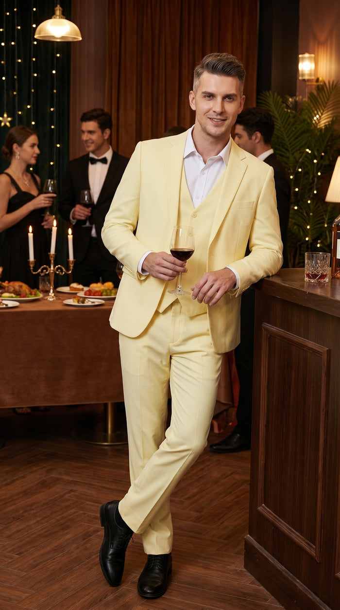 Men’s Yellow Seersucker Suit with Jacket, Vest and Pants, Summer Wedding Prom Dress Suit Modern Fit