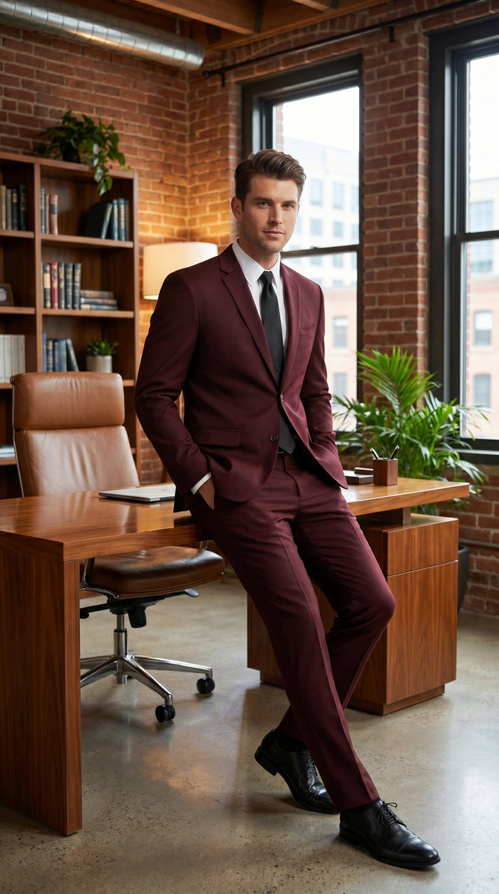 Men’s Burgundy Maroon Wine Suit with 2 Button Jacket and Matching Pants, Formal Wedding Dress Suit