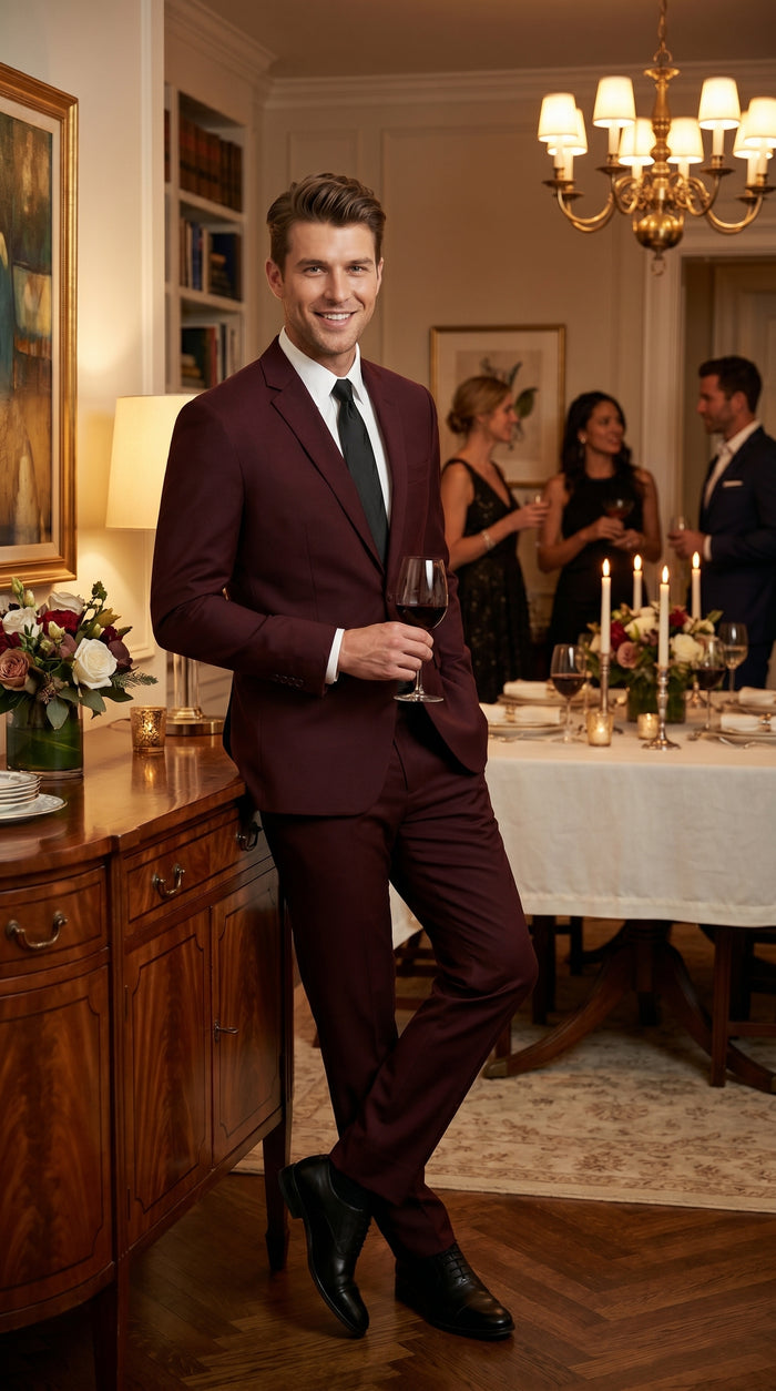 Men’s Burgundy Maroon Wine Suit with 2 Button Jacket and Matching Pants, Formal Wedding Dress Suit