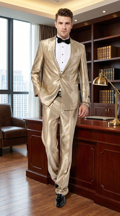 Men’s Champagne Tan Shiny Sharkskin 2 Button Suit, Formal Wedding Prom Dress Suit