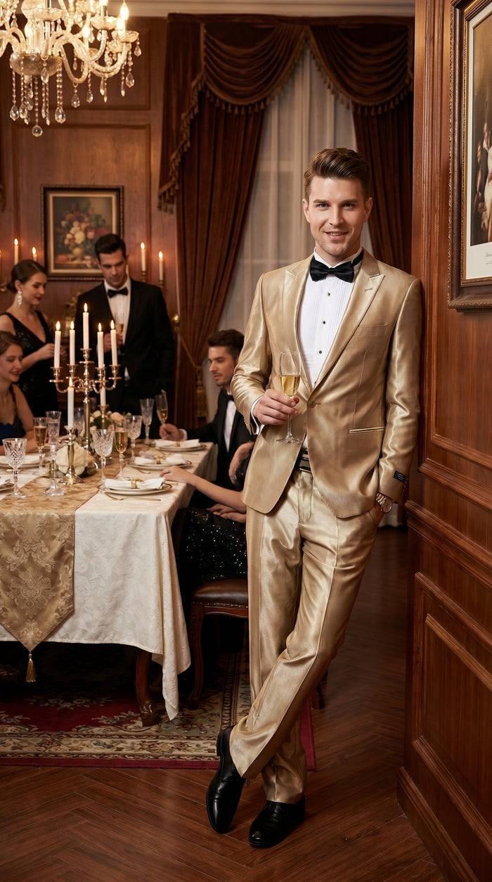 Men’s Champagne Tan Shiny Sharkskin 2 Button Suit, Formal Wedding Prom Dress Suit