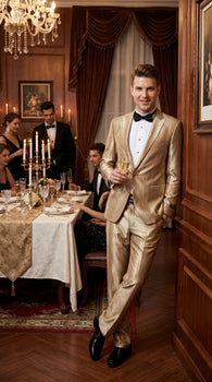 Men’s Champagne Tan Shiny Sharkskin 2 Button Suit, Formal Wedding Prom Dress Suit