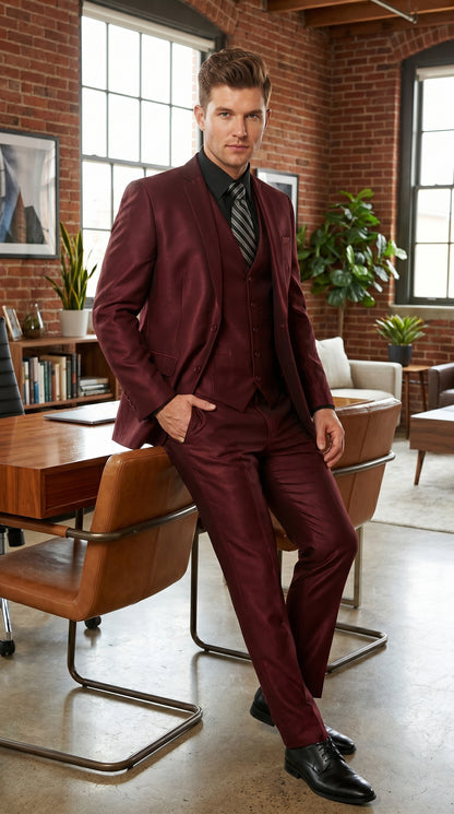 Men’s Burgundy Wine Maroon Sharkskin Vested Suit with Jacket, Vest and Pants